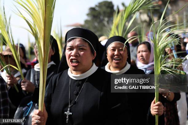 Chinese Catholic nuns carrya palm tree branches as they take part in the traditional Palm Sunday procession from the Mount of Olives to Jerusalem's...