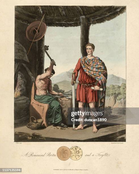 ancient british history, romanised briton and a fferyllt - celts ancient peoples stock illustrations