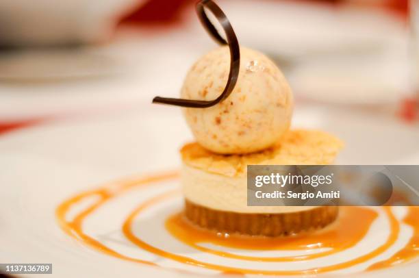 caramel cheesecake topped with ice cream - gefrorene süßspeise stock-fotos und bilder