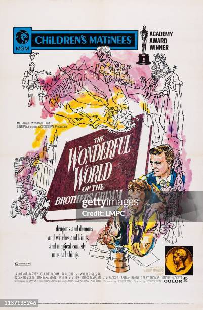 The Wonderful World Of The Brothers Grimm, poster, US re-issue poster, from top: Karl Boehm, Laurence Harvey, 1962.
