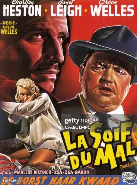 Touch Of Evil, poster, , from left: Janet Leigh, Charlton Heston, Orson Welles, 1958.