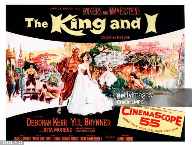 The King And I, poster, from left: Yul Brynner, Deborah Kerr, Rita Moreno on poster art, 1956.