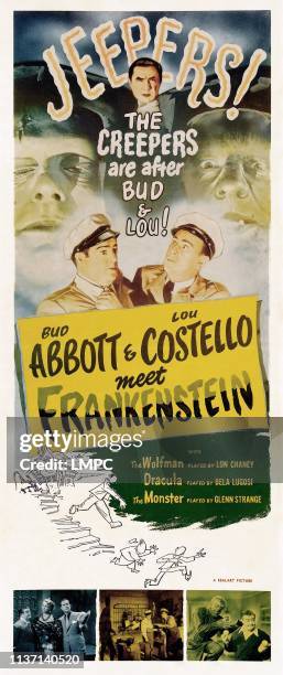 Abbott And Costello Meet Frankenstein , poster, top center: Bela Lugosi, top left: Glenn STrange, top right: Lon Chaney Jr, top center: Lou Costello,...