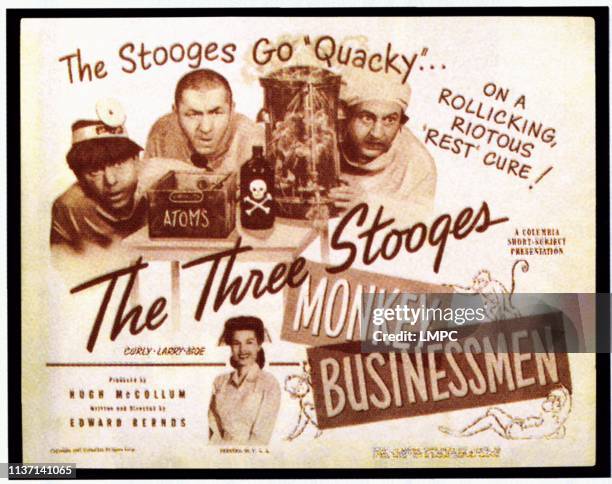 Monkey Businessman, poster, top from left: The Three Stooges-Moe Howard, Curly Howard, Larry Fine, bottom:Jean Willes, , 1946.