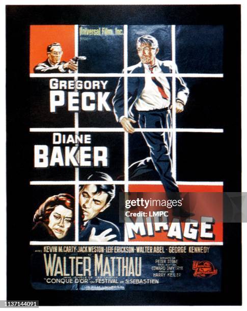 Mirage, poster, top and right: Gregory Peck, bottom from left: Diane Baker, Gregory Peck on French poster art, 1965.