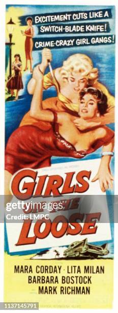 Girls On The Loose, poster, foreground from left: Lita Milan, Mara Corday, 1958.