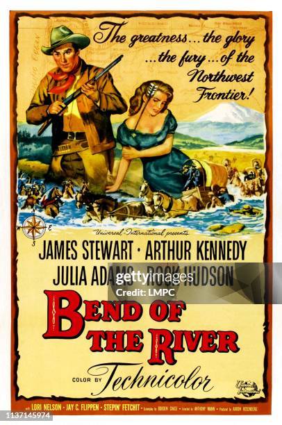 Bend Of The River, poster, top from left: James Stewart, Julie Adams, 1952.