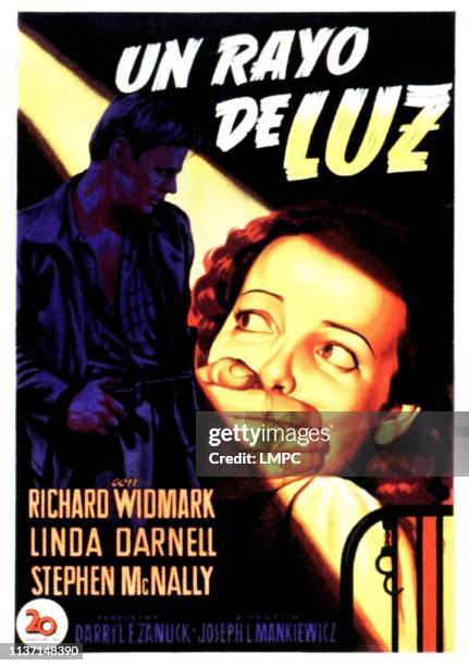 No Way Out, poster, , from left: Richard Widmark, Linda Darnell on Spanish poster art, 1950.