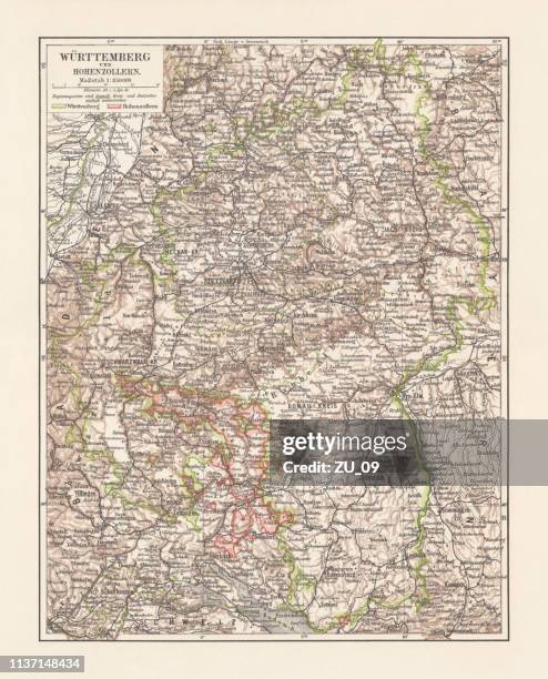 historical map of württemberg and hohenzollern, germany, lithograph, published 1897 - heilbronn stock illustrations