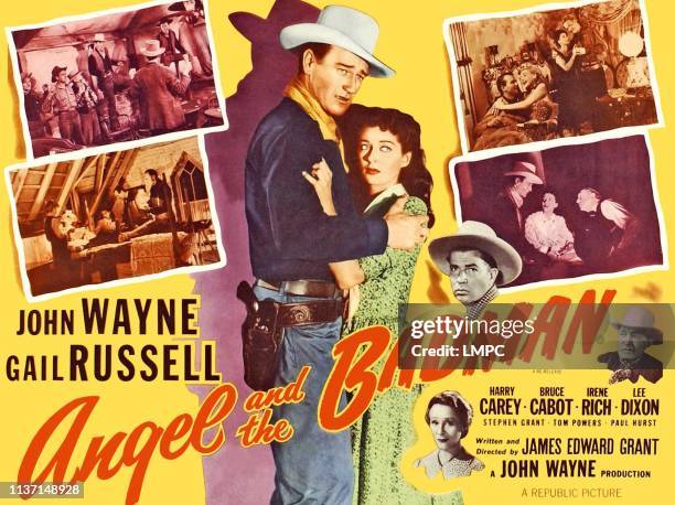 Angel And The Badman, poster, center from left: John Wayne, Gail Russell, lower right clockwise: Bruce Cabot, Harry Carey, Irene Rich on 1959.