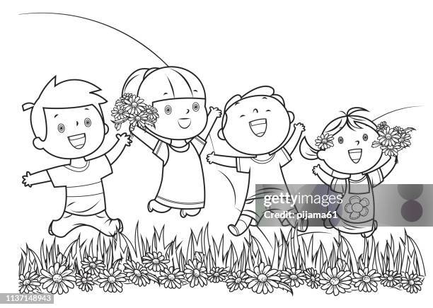 coloring book, children jumping - back to school party stock illustrations