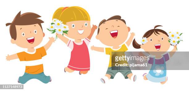 children jumping - back to school party stock illustrations