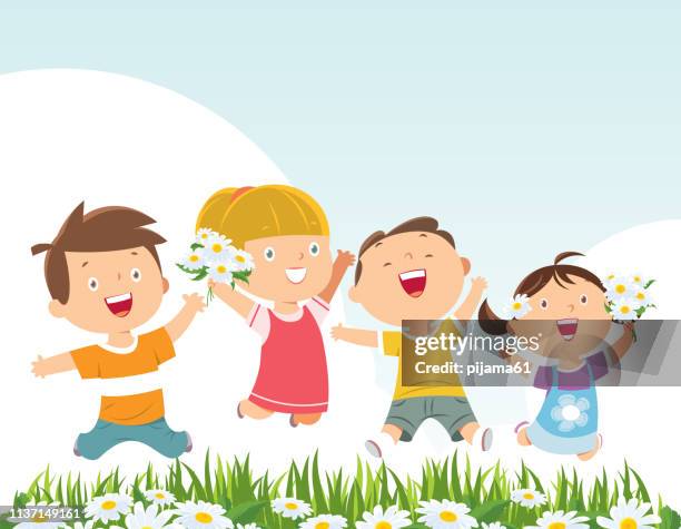 children jumping in spring - back to school party stock illustrations