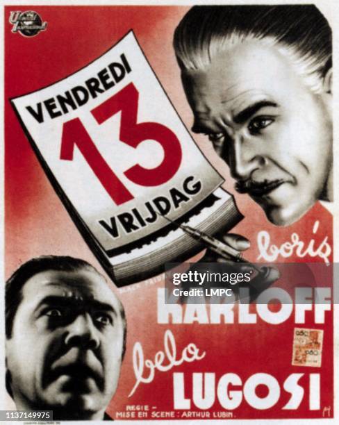 Black Friday, poster, , from left: Bela Lugosi, Boris Karloff on Belgian poster art, 1940.