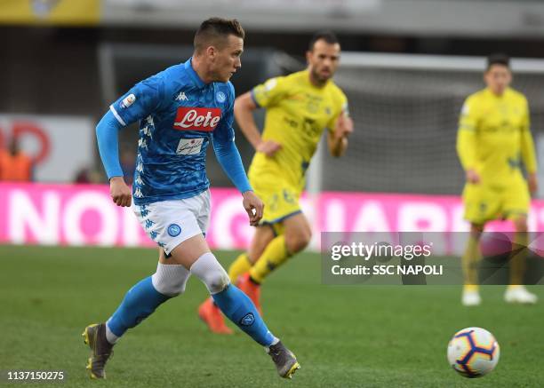 Piotr Zielinski of Napoli during the Serie A match between Chievo Verona and SSC Napoli at Stadio Marc'Antonio Bentegodi on April 14, 2019 in Verona,...