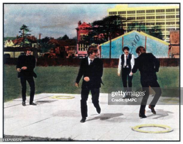 Hard Day's Night, poster, The Beatles from left: George Harrison, John Lennon, Paul McCartney, Ringo Starr, 1964.