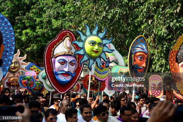 Bangladeshi ravellers attend a rally in celebration of the Bengali New Year or 'Pohela Boishakh' in Dhaka, Bangladesh, on April 14, 2019. The Bengali...