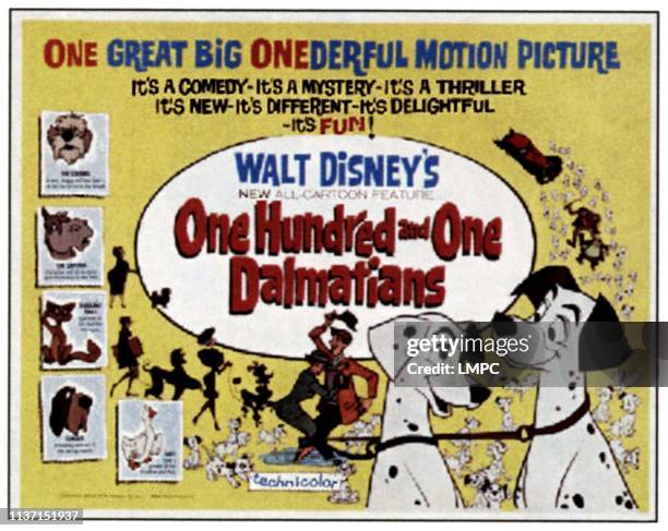 One Hundred And One Dalmatians, poster, , from left: Colonel, Captain, Sgt. Tibbs, Anita, Roger, Perdita, Pongo, 1961.