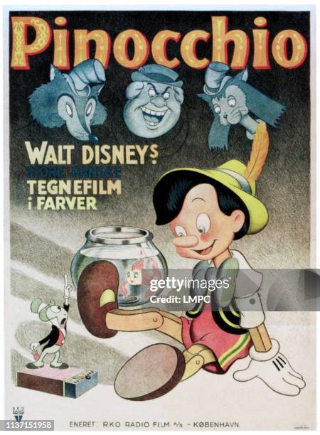 Pinocchio, poster, top from left: Honest John, Coachman, Gideon, bottom from left: Jiminy Cricket, Cleo the Fish, on Danish poster art, 1940.