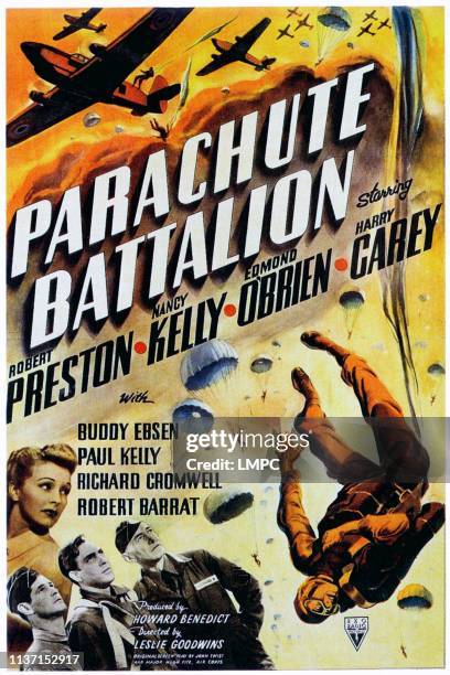 Parachute Batallion, poster, from left: Nancy Kelly, Buddy Ebsen, Edmond O'Brien, Harry Carey, 1941.