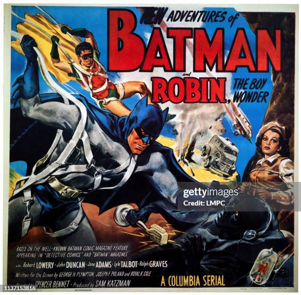 The New Adventures Of Batman & Robin, poster, from left: Johnny Duncan, Robert Lowery, Jane Adams, 1949.