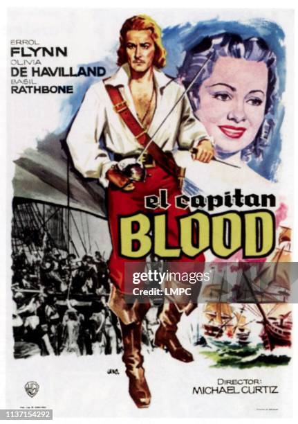 Captain Blood , poster, from left: Errol Flynn, Olivia De Havilland on Spanish poster art, 1935.