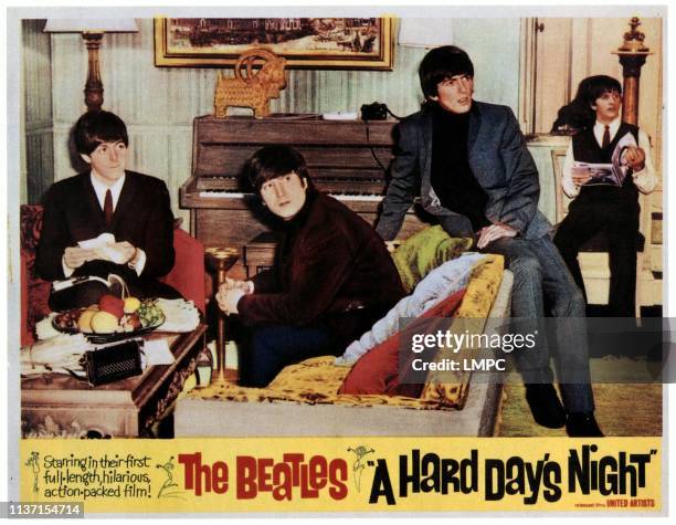 Hard Day's Night, lobbycard, The Beatles: : Paul McCartney, John Lennon, George Harrison, Ringo Starr, 1964.