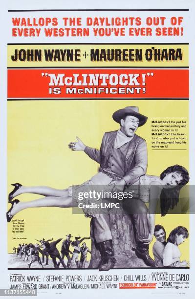 Mclintock!, poster, US poster art, John Wayne, Maureen O'Hara, Patrick Wayne, Stefanie Powers, 1963.