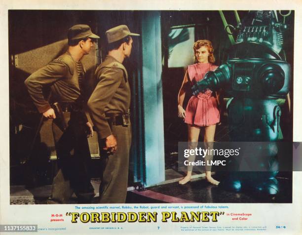 Forbidden Planet, lobbycard, center: Anne Francis, far right: Robby the Robot, 1956.