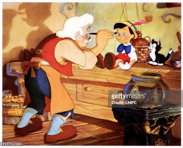 Pinocchio, lobbycard, from left: Gepetto, , Figaro, lower right: Cleo, 1940.