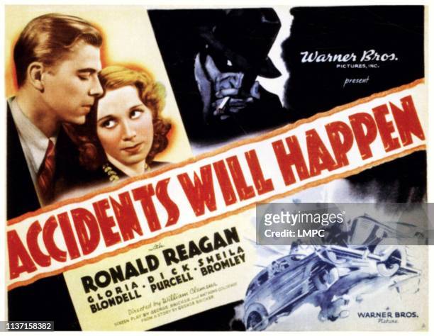 Accidents Will Happen, lobbycard, from left: Ronald Reagan, Gloria Blondell, 1938.