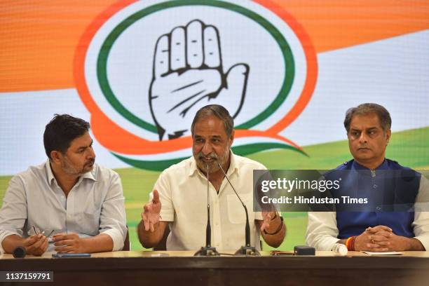 Congress leader Anand Sharma during a press conference, at All India Congress Committee headquarters on April 14, 2019 in New Delhi, India. The...