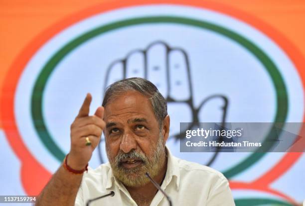 Congress leader Anand Sharma during a press conference, at All India Congress Committee headquarters on April 14, 2019 in New Delhi, India. The...