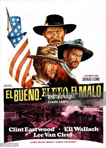 The Good, poster, THE BAD, AND THE UGLY, , clockwise from top: Lee Van Cleef, Eli Wallach, Clint Eastwood on Spanish poster art, 1966.