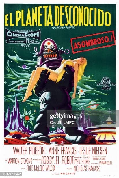 Forbidden Planet, poster, Robby the Robot, Anne Francis, featured on Argentinean poster art, 1956.