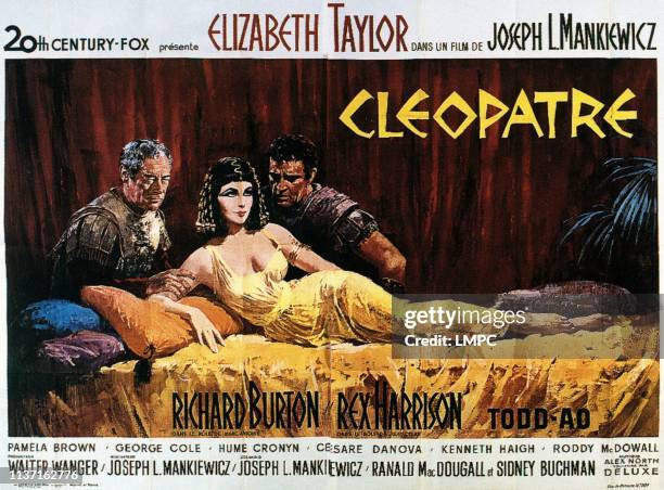 Cleopatra, poster, Rex Harrison, Elizabeth Taylor, Richard Burton in foreign poster art, 1963.