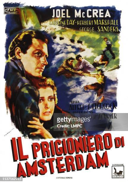 Foreign Correspondent , poster, from left: Joel McCrea, Larine Day on Italian poster art, 1940.
