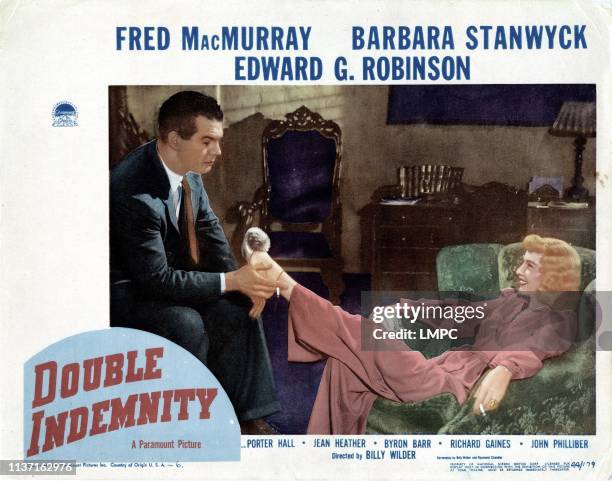 Double Indemnity, poster, US lobbycard, Fred MacMurray, Barbara Stanwyck, 1944.