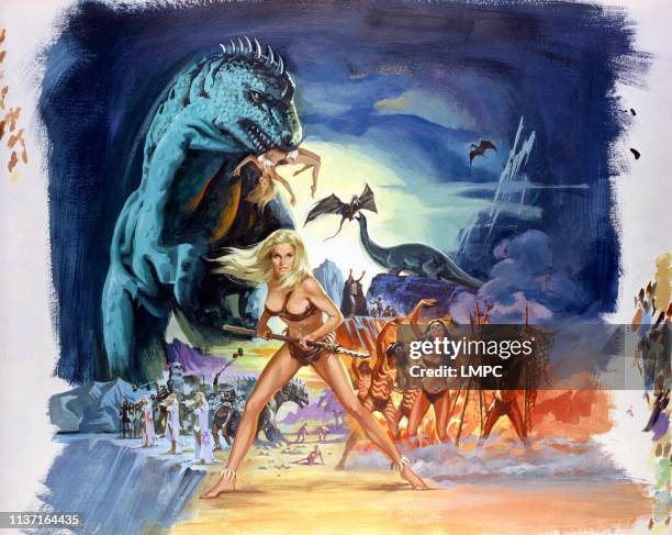 When Dinosaurs Ruled The Earth, poster, center front with weapon: Victoria &#10;Vetri; fourth and fifth from center background &#10;left: Imogen...