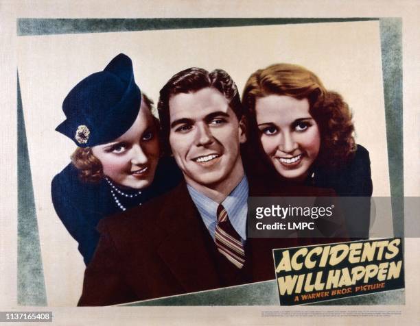 Accidents Will Happen, US lobbycard, from left: Sheila Bromley, Ronald Reagan, Gloria Blondell, 1938.