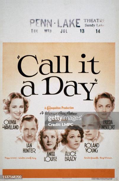 Call It A Day, poster, US poster, from left: Olivia de Havilland, Ian Hunter, Anita Louise, Alice Brady, Roland Young, Frieda Inescort, 1937.