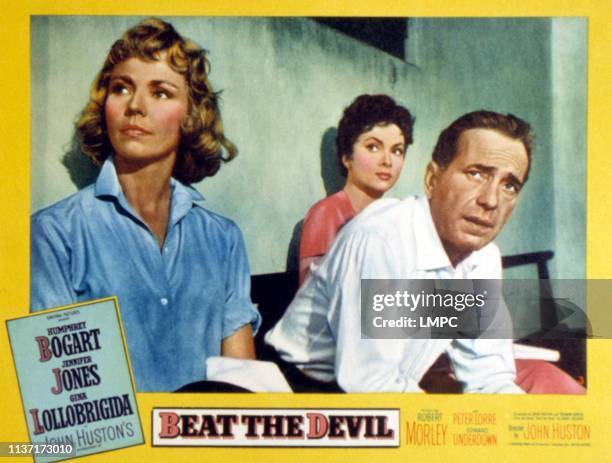 Beat The Devil, lobbycard, from left, Jennifer Jones, Gina Lollobrigida, Humphrey Bogart, 1953.