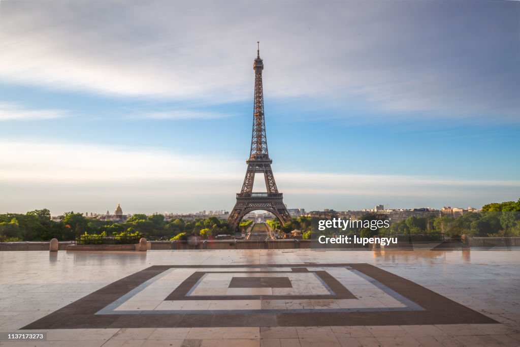 Low angle view of Eiffel tower at sunrise on Trocadero
