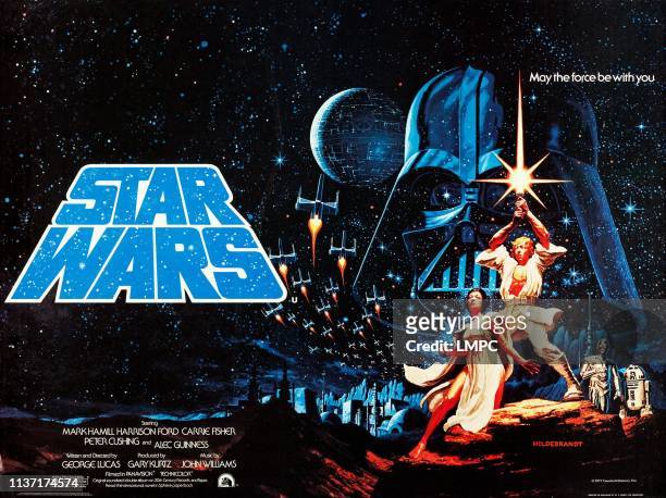 Star Wars, poster, , rear: Darth Vader, foreground, from left: Carrie Fisher, Mark Hamill, C-3PO, R2-D2, poster art, 1977.