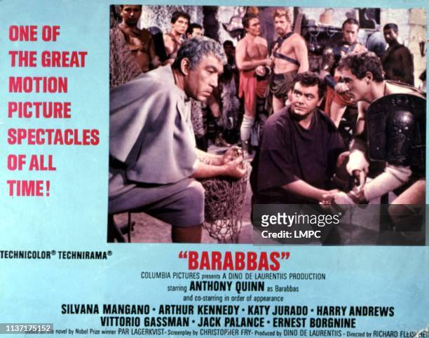 Barabbas, lobbycard, from left, Anthony Quinn, Ernest Borgnine, Vittorio Gassman, 1962.