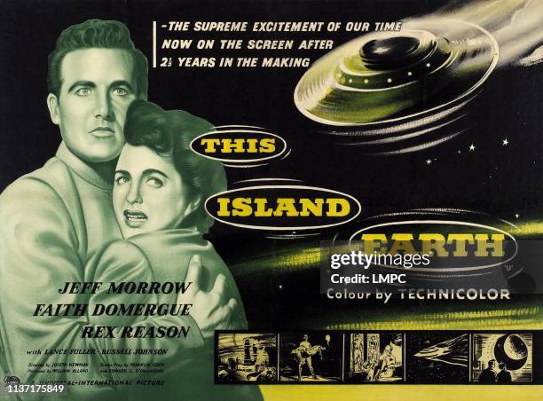 This Island Earth, poster, l-r: Rex Reason, Faith Domergue on UK poster art, 1955.