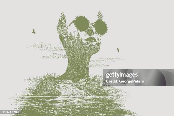 multiple exposure of woman morphing into waterfall - multiple exposure face stock illustrations