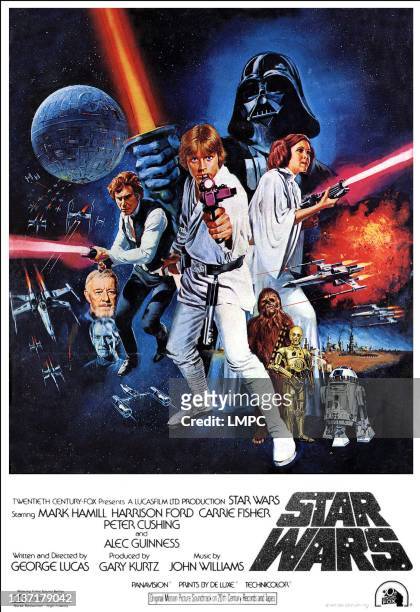 Star Wars, poster, , from left: Peter Cushing, Alec Guinness, Harrison Ford, Mark Hamill, Darth Vader, Carrie Fisher, C-3PO, R2D2 1977.