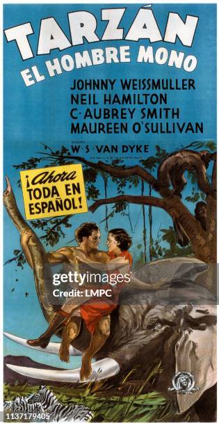 Tarzan The Ape Man, poster, , from left: Johnny Weissmuller, Maureen O'Sullivan on Spanish poster art, 1932.