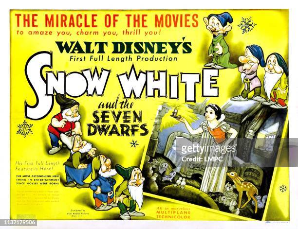 Snow White And The Seven Dwarfs, lobbycard, US poster art, left from top: Doc, Happy, Sneezy, Bashful, center: Snow White, right from top: Dopey,...